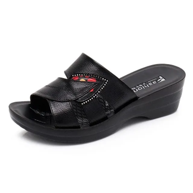 Genuine Leather Casual Slides Women Summer Shoes