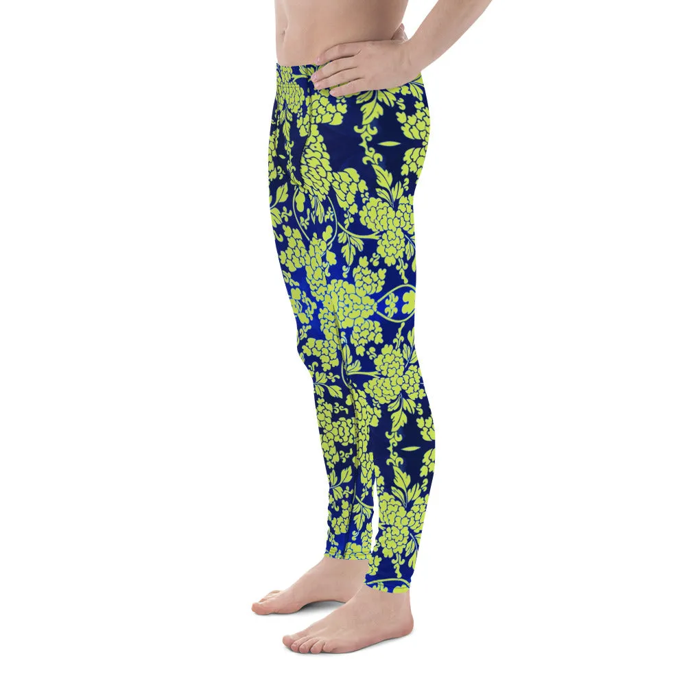 Green Blue Floral Print Meggings, Best Blue and Green Oriental Style Floral Print Meggings Compression Tights - Made in USA/EU/MX