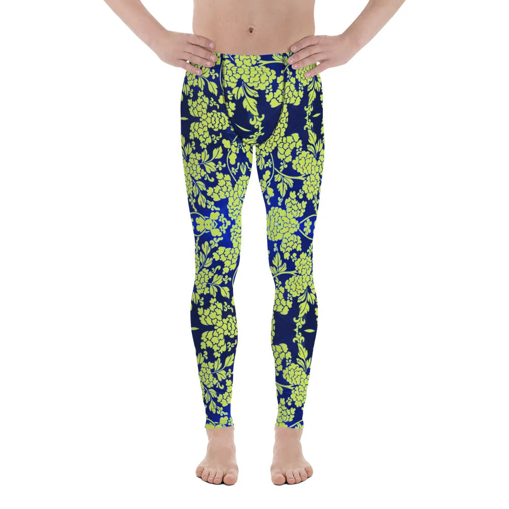 Green Blue Floral Print Meggings, Best Blue and Green Oriental Style Floral Print Meggings Compression Tights - Made in USA/EU/MX