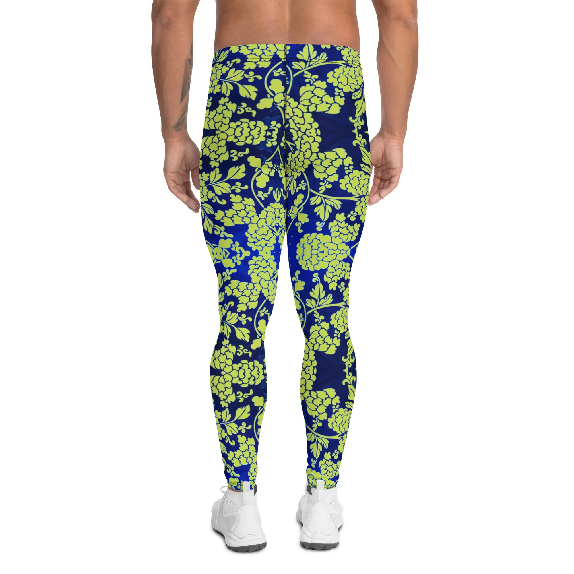 Green Blue Floral Print Meggings, Best Blue and Green Oriental Style Floral Print Meggings Compression Tights - Made in USA/EU/MX