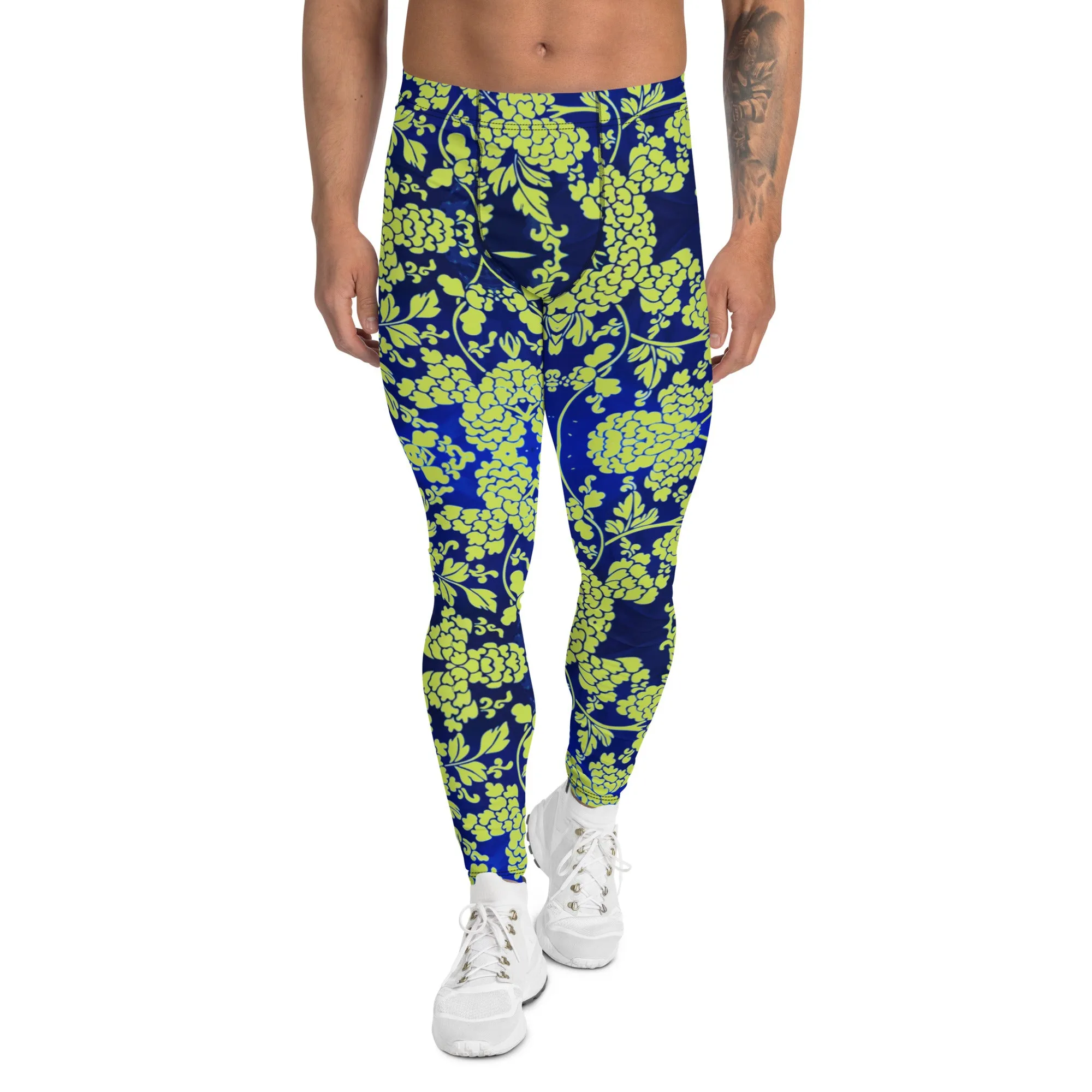 Green Blue Floral Print Meggings, Best Blue and Green Oriental Style Floral Print Meggings Compression Tights - Made in USA/EU/MX