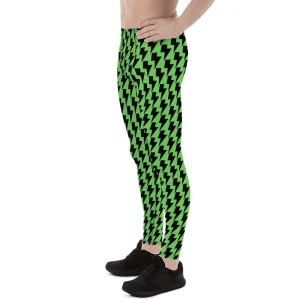 Green Lightning Sexy Men's Leggings, Lightning Pattern Abstract Designer Running Compression Tights For Men - Made in USA/EU/MX