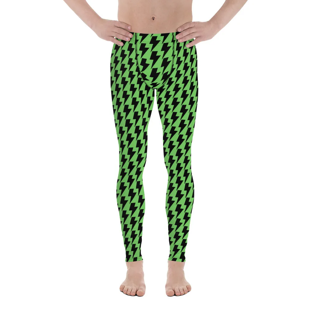 Green Lightning Sexy Men's Leggings, Lightning Pattern Abstract Designer Running Compression Tights For Men - Made in USA/EU/MX