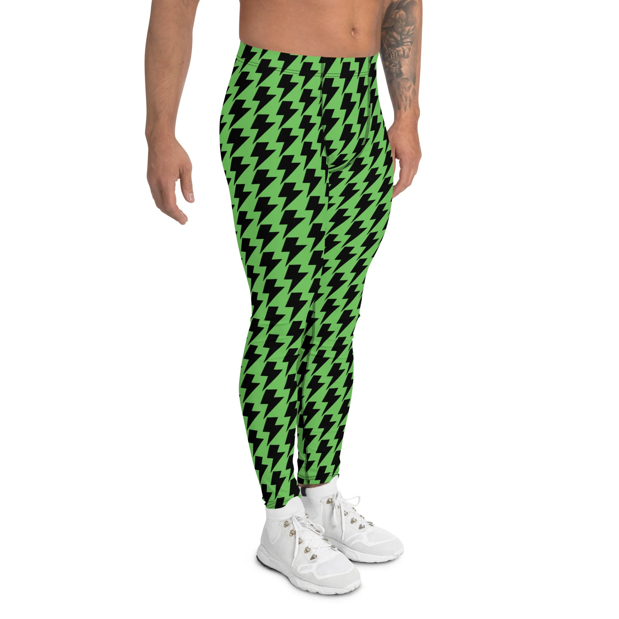 Green Lightning Sexy Men's Leggings, Lightning Pattern Abstract Designer Running Compression Tights For Men - Made in USA/EU/MX