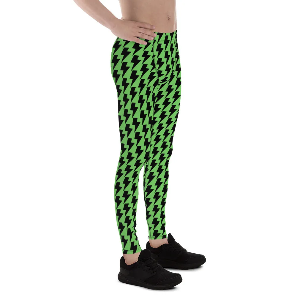 Green Lightning Sexy Men's Leggings, Lightning Pattern Abstract Designer Running Compression Tights For Men - Made in USA/EU/MX