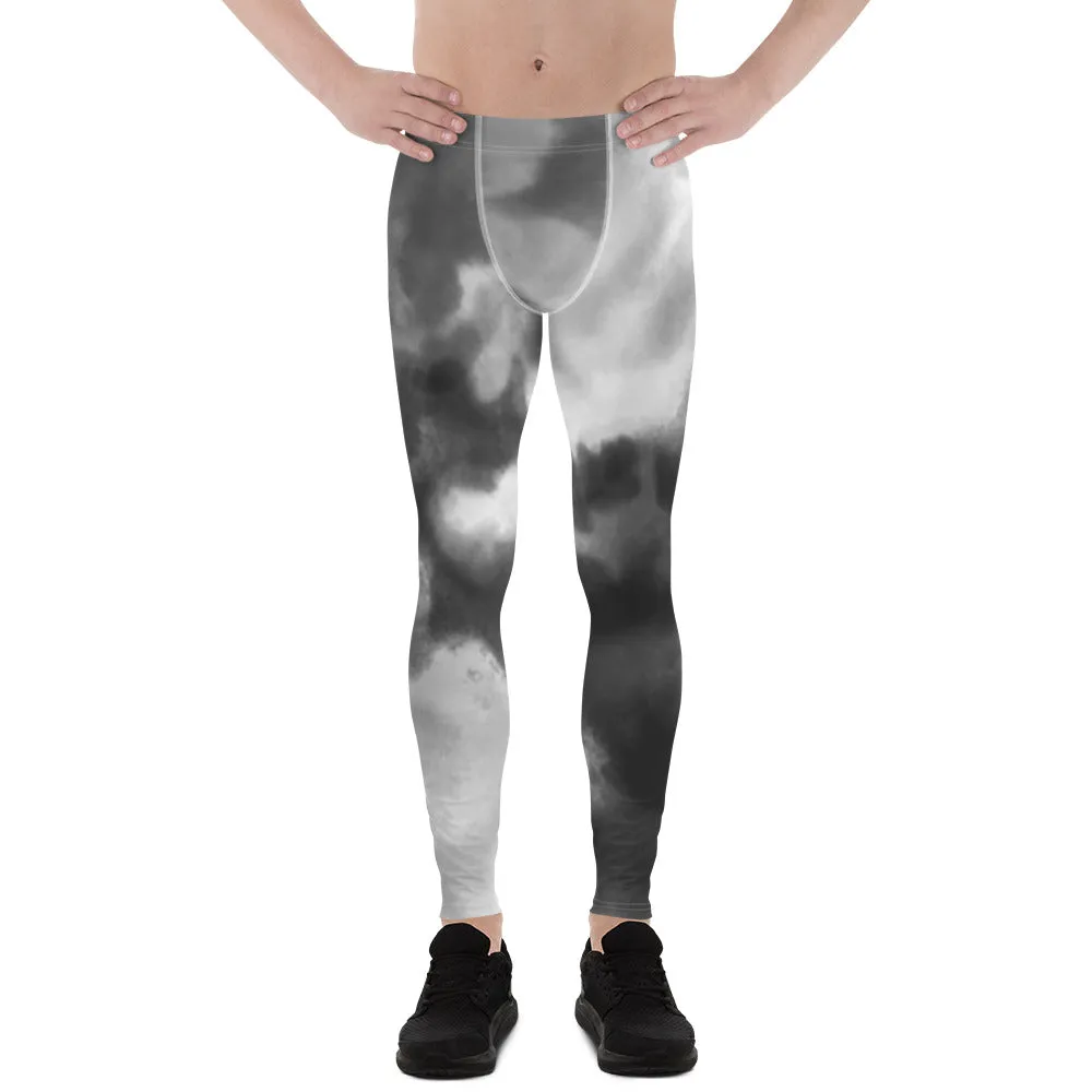 Grey Abstract Premium Men's Leggings, Grey Clouds Compression Chic Art Meggings - Made in USA/MX/EU