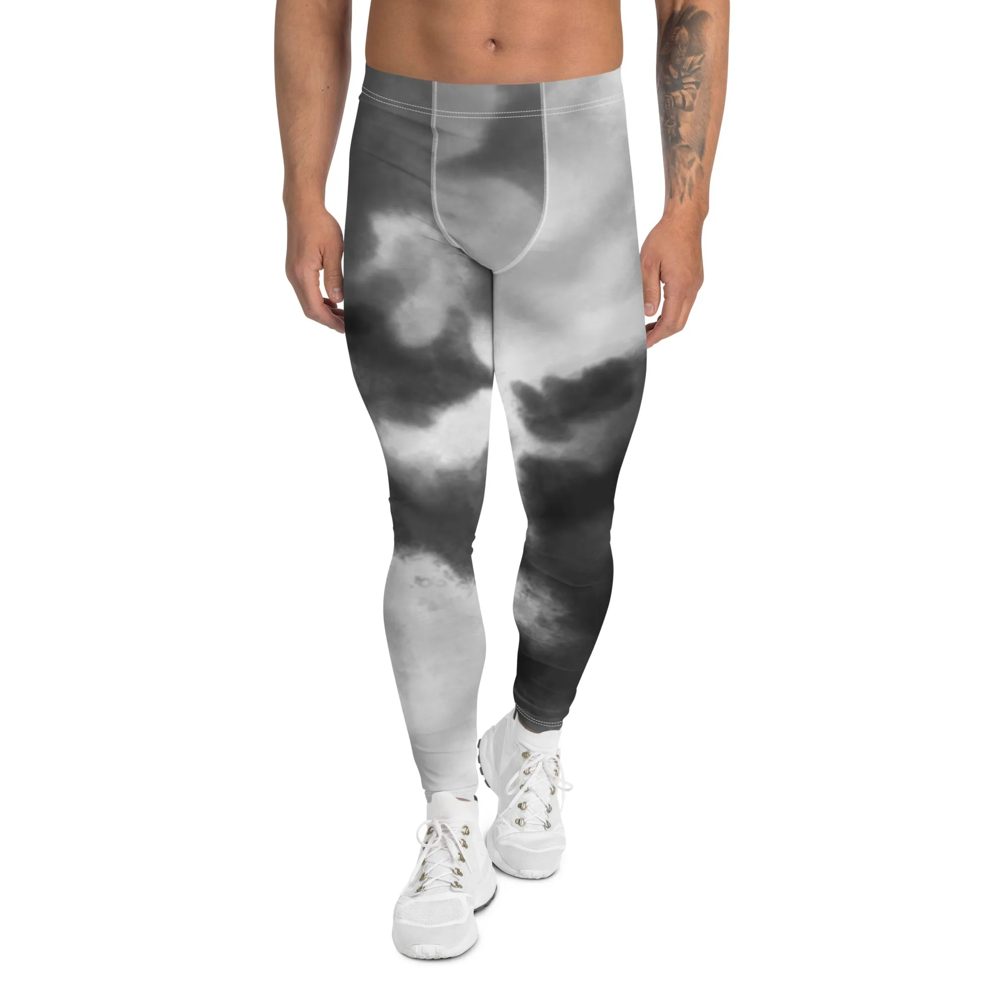 Grey Abstract Premium Men's Leggings, Grey Clouds Compression Chic Art Meggings - Made in USA/MX/EU