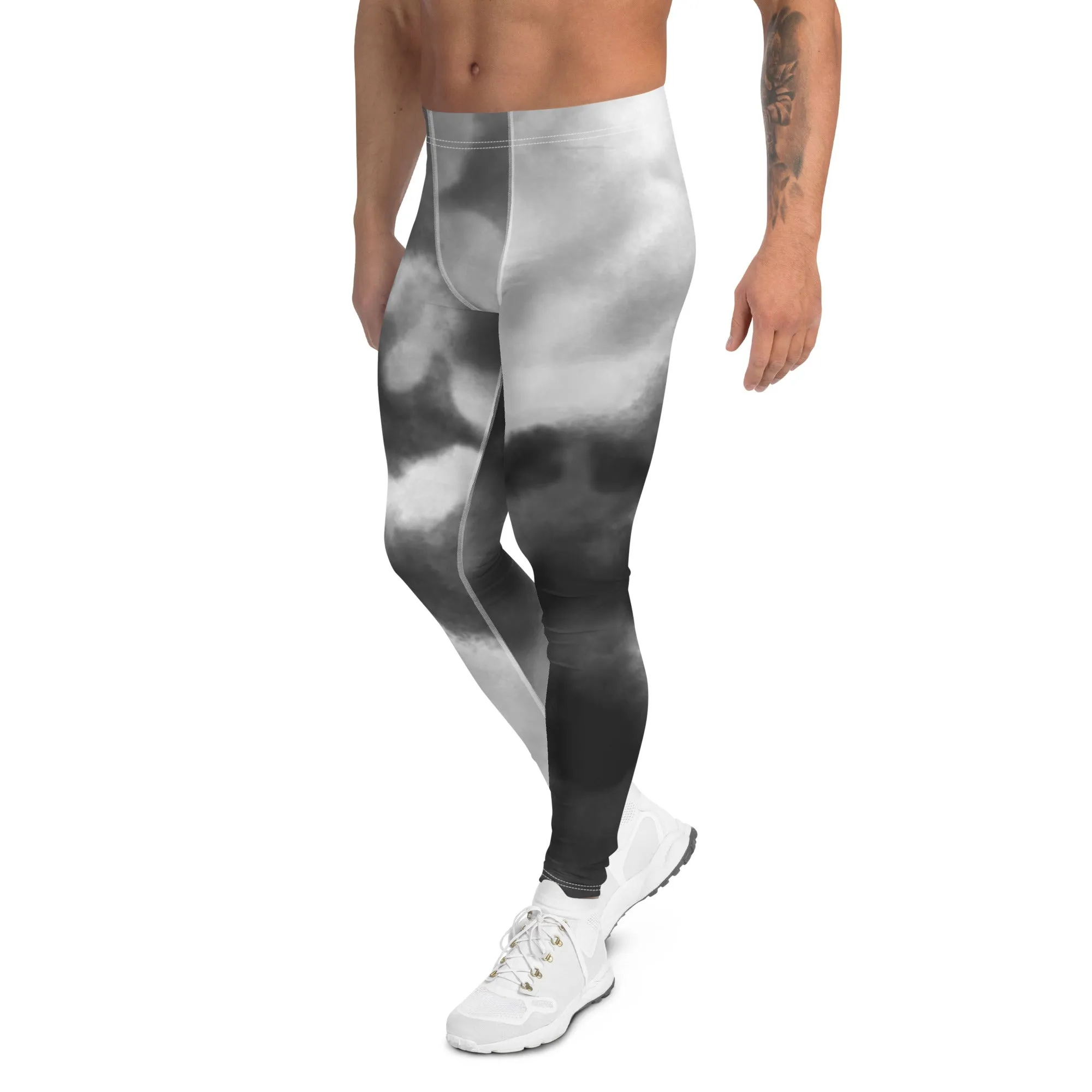 Grey Abstract Premium Men's Leggings, Grey Clouds Compression Chic Art Meggings - Made in USA/MX/EU