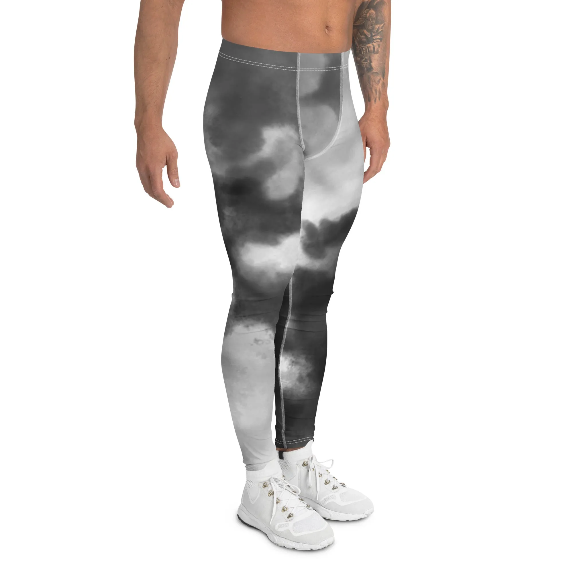 Grey Abstract Premium Men's Leggings, Grey Clouds Compression Chic Art Meggings - Made in USA/MX/EU