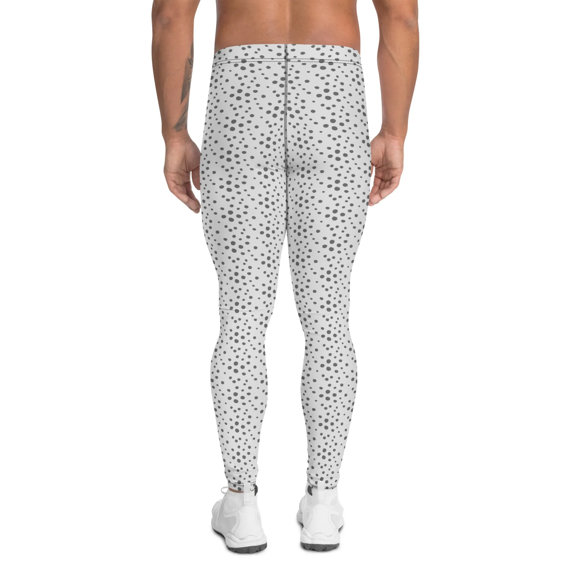 Grey Dotted Men's Leggings, Dots Pattern Designer Running Compression Tights For Men - Made in USA/EU/MX