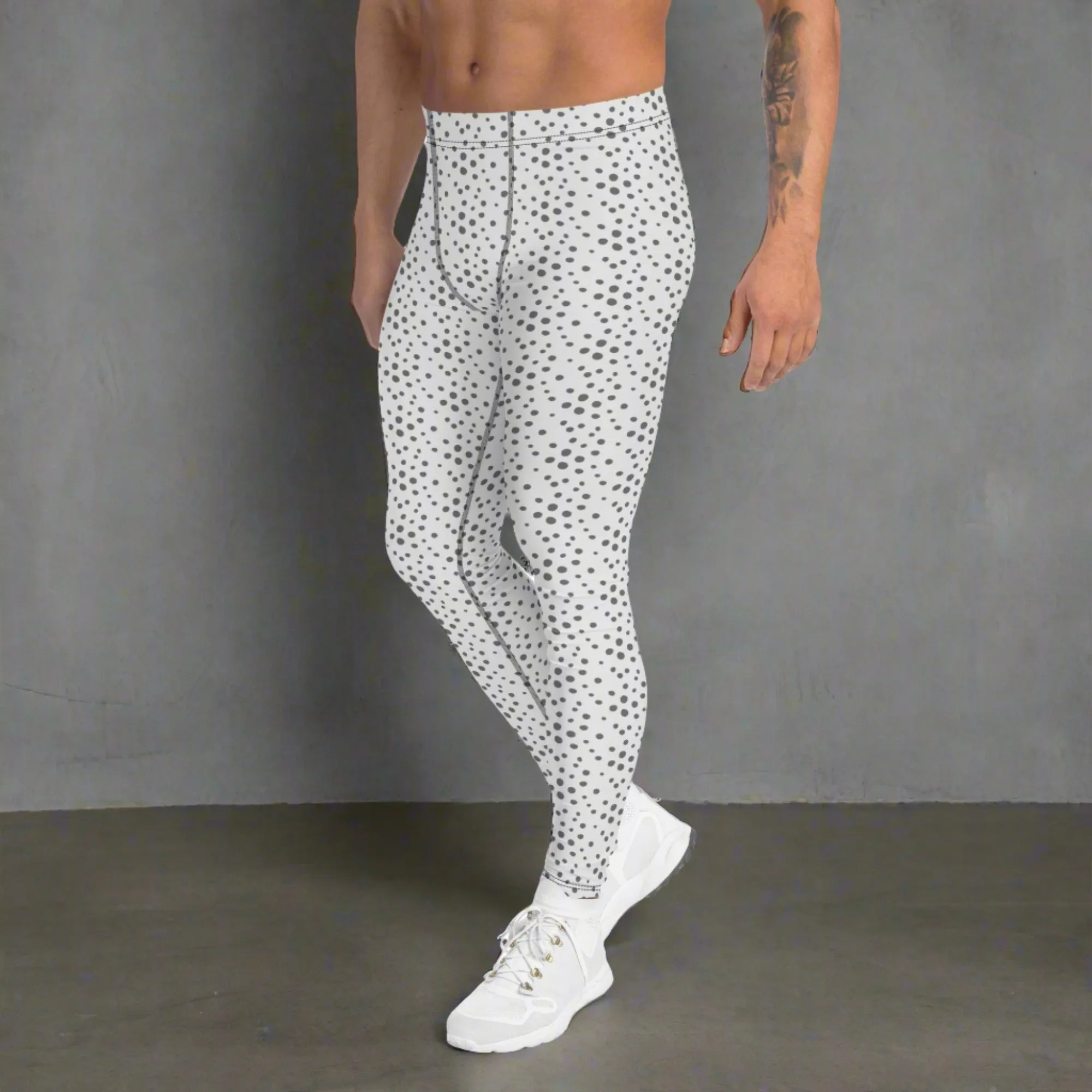 Grey Dotted Men's Leggings, Dots Pattern Designer Running Compression Tights For Men - Made in USA/EU/MX