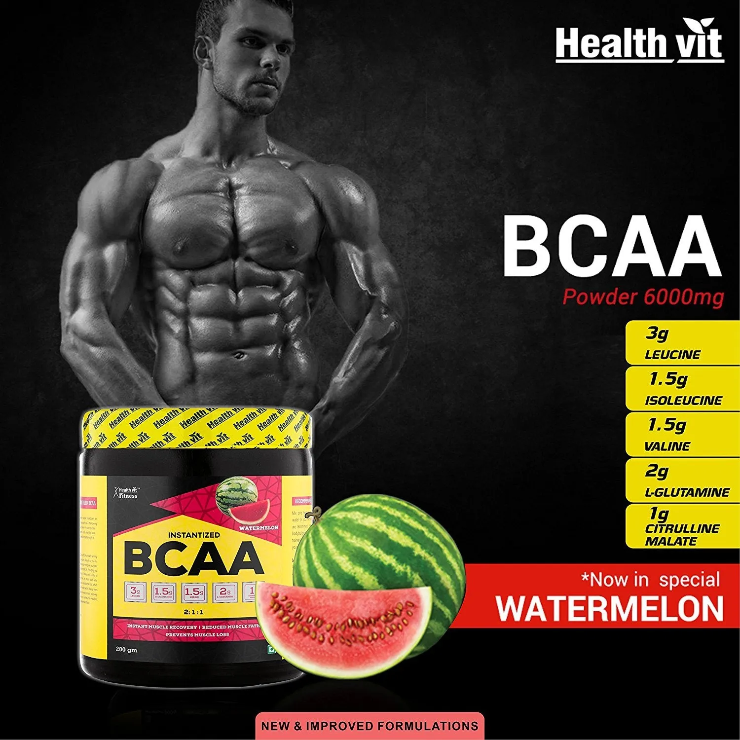 Healthvit Fitness BCAA Supplement for Workout | L-Leucine, L-Isoleucine and L-Valine in the ratio of 2: 1: 1 with L-Glutamine & L-Citrulline Malate – 200g Watermelon Flavor