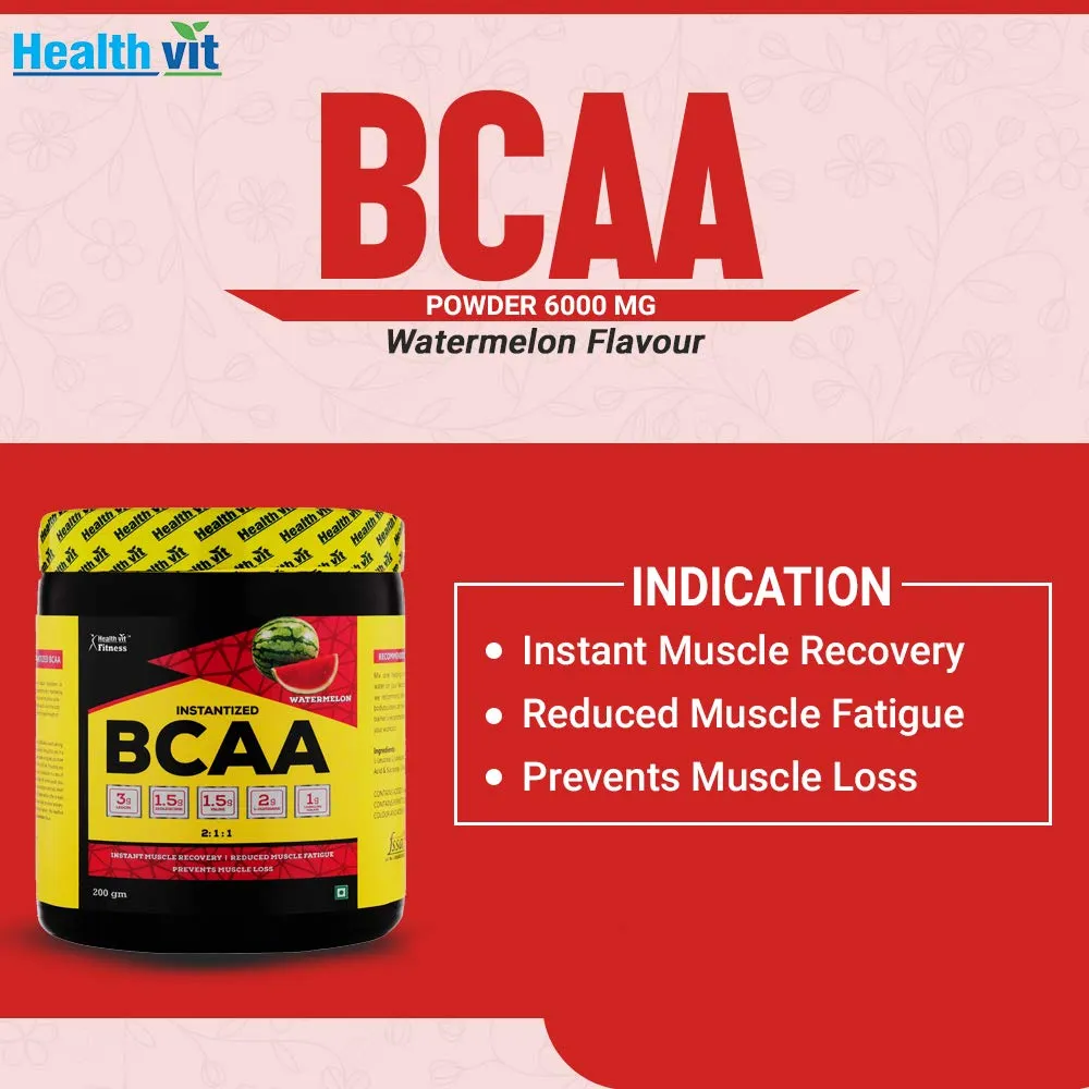 Healthvit Fitness BCAA Supplement for Workout | L-Leucine, L-Isoleucine and L-Valine in the ratio of 2: 1: 1 with L-Glutamine & L-Citrulline Malate – 200g Watermelon Flavor