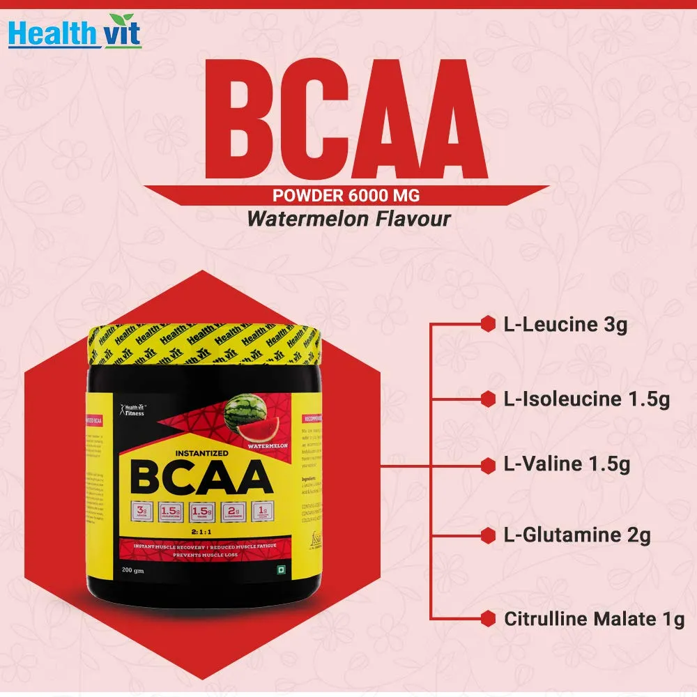 Healthvit Fitness BCAA Supplement for Workout | L-Leucine, L-Isoleucine and L-Valine in the ratio of 2: 1: 1 with L-Glutamine & L-Citrulline Malate – 200g Watermelon Flavor