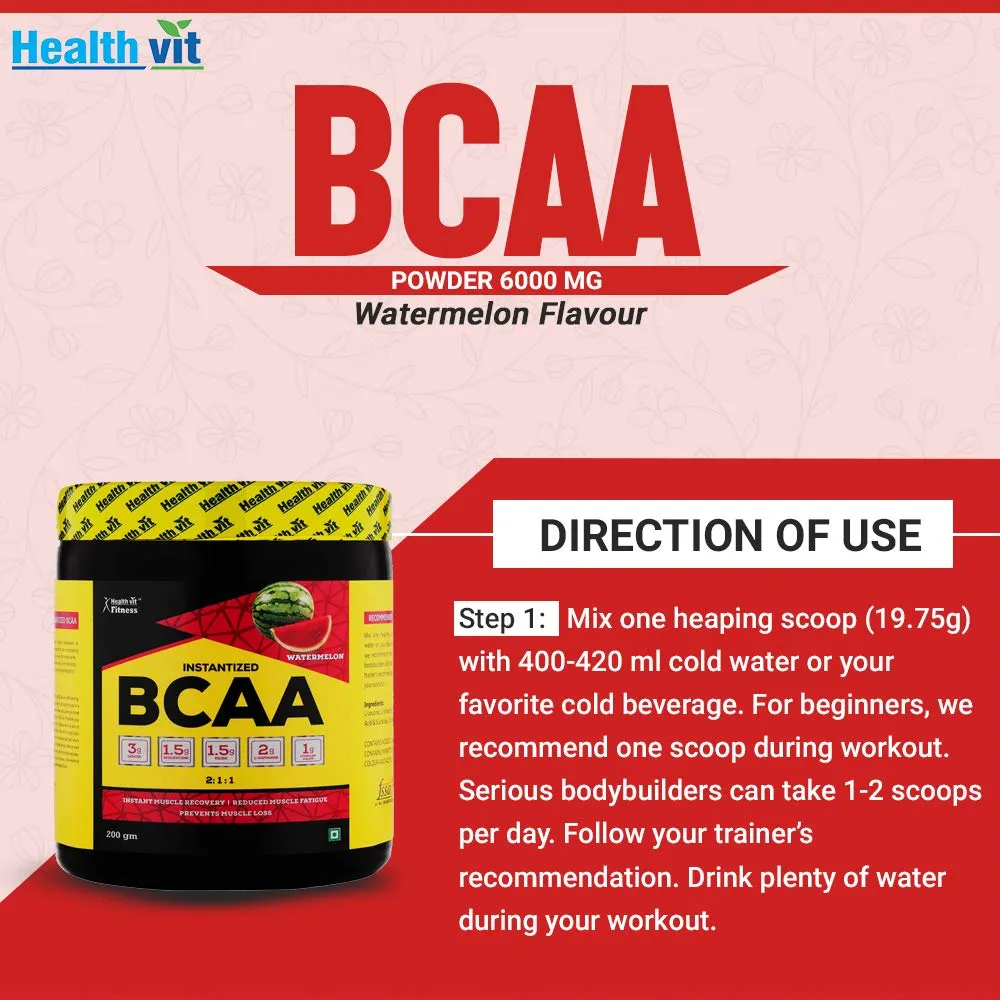 Healthvit Fitness BCAA Supplement for Workout | L-Leucine, L-Isoleucine and L-Valine in the ratio of 2: 1: 1 with L-Glutamine & L-Citrulline Malate – 200g Watermelon Flavor