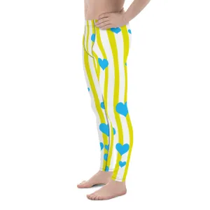 Heart Shaped Striped Meggings, Best Love Yellow Blue Hearts Men's Running Leggings & Run Tights Meggings Activewear