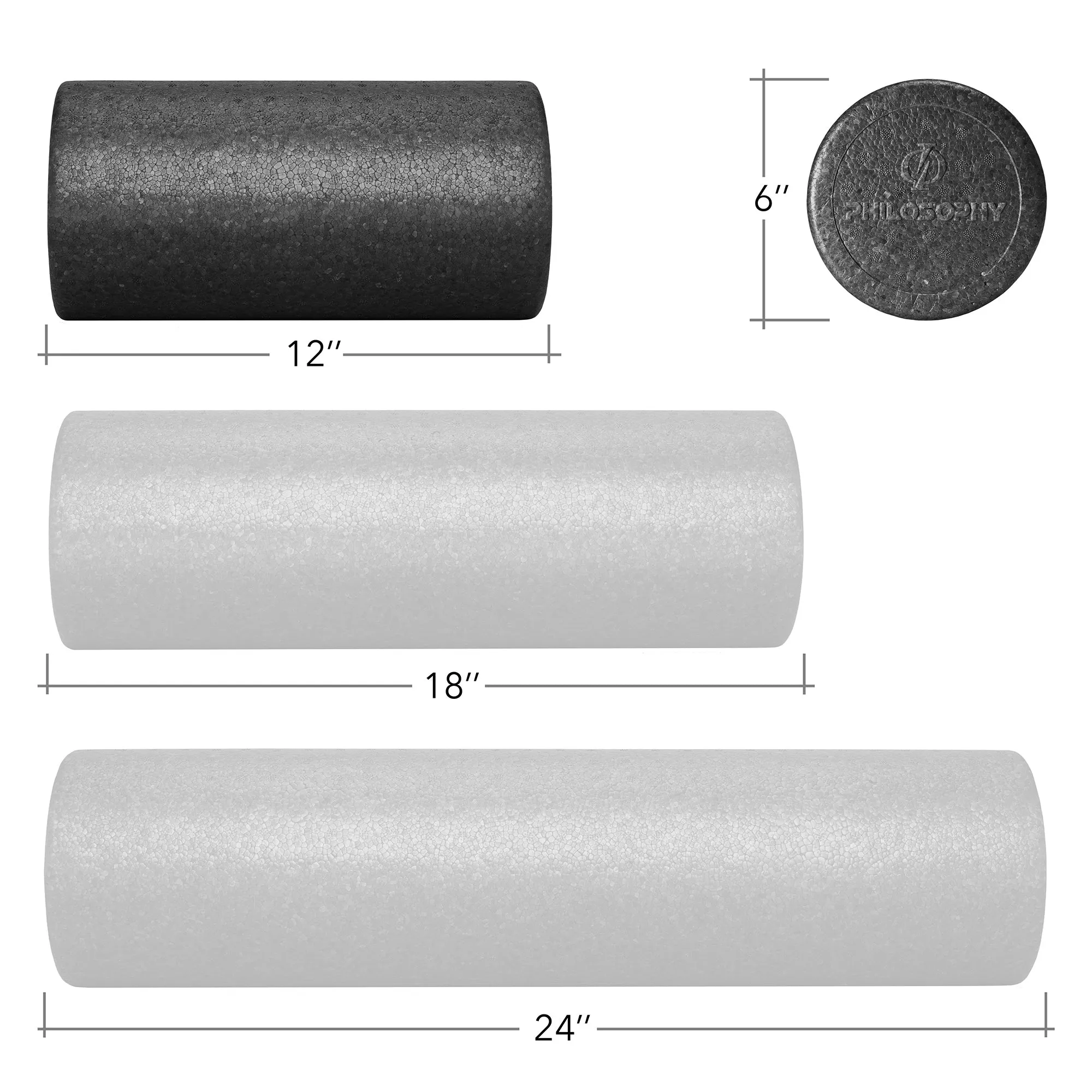 High Density Exercise Foam Roller - 12", 18", 24", Black, Gray, Purple