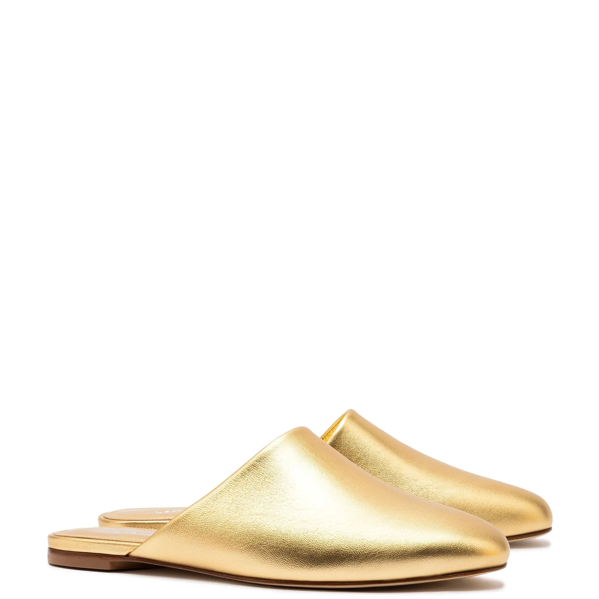 Larroude Venice Flat Mule and Pouch Kit In Gold Metallic Leather