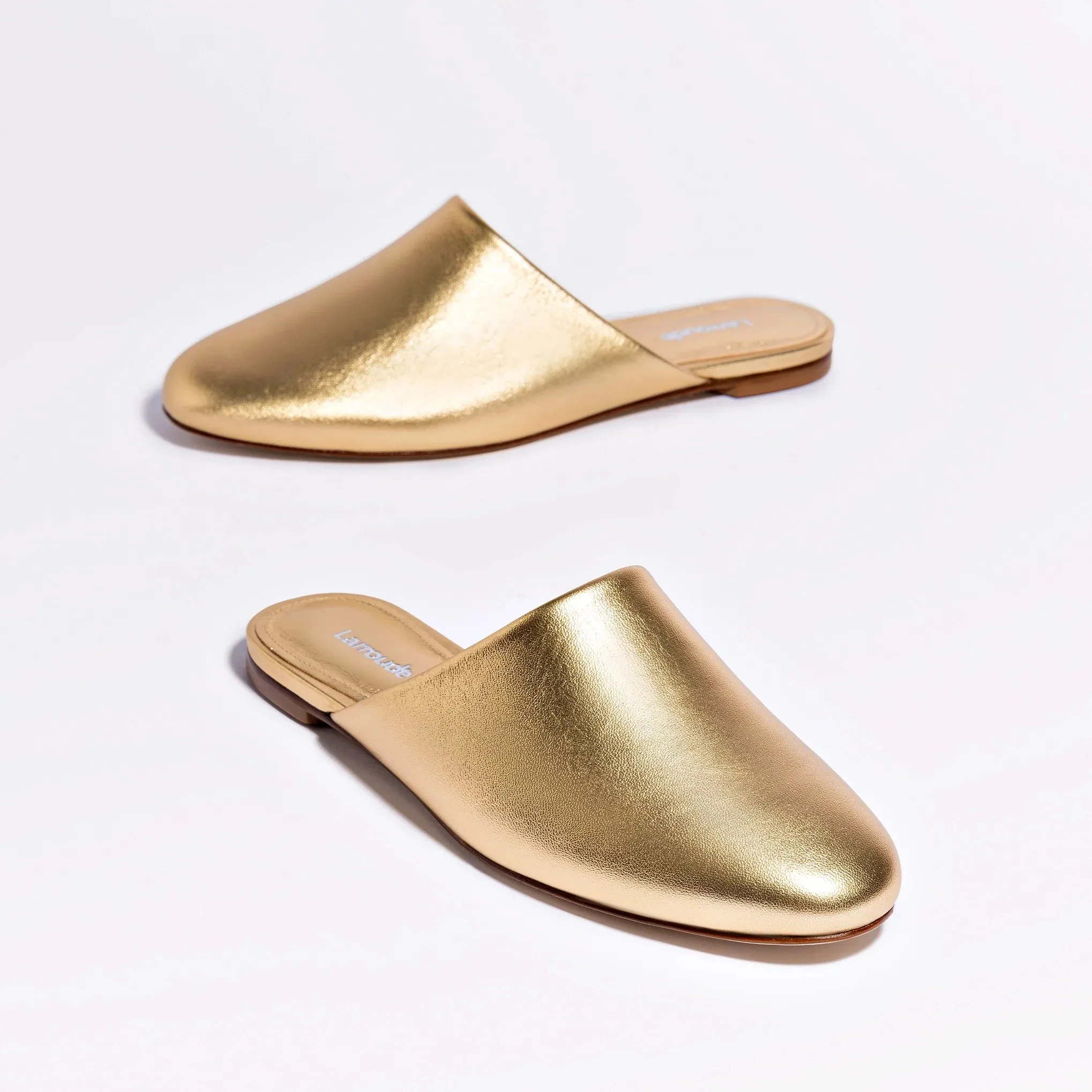 Larroude Venice Flat Mule and Pouch Kit In Gold Metallic Leather