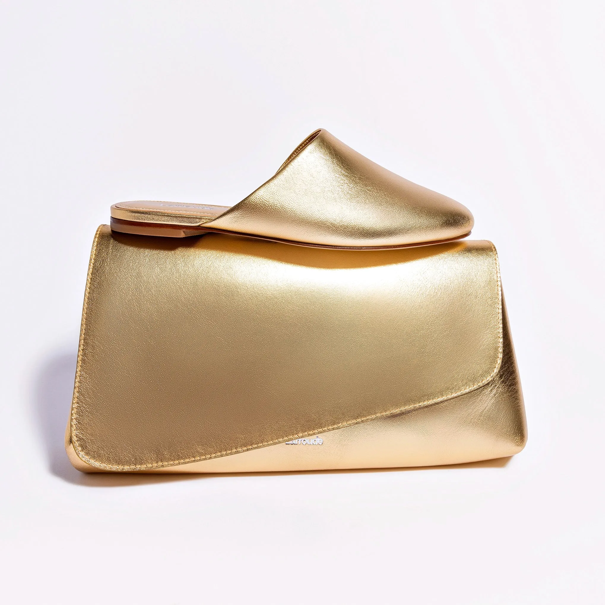 Larroude Venice Flat Mule and Pouch Kit In Gold Metallic Leather