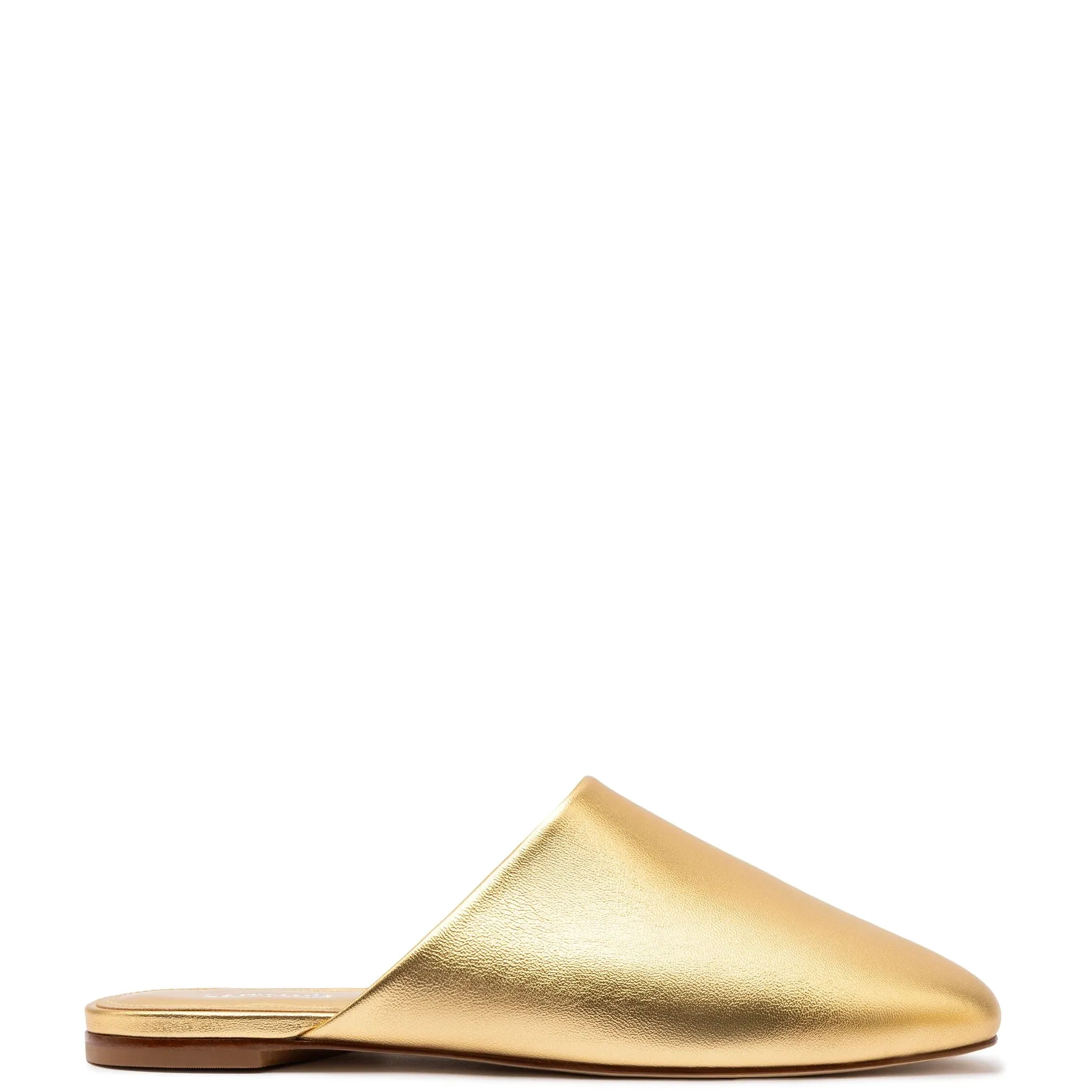 Larroude Venice Flat Mule and Pouch Kit In Gold Metallic Leather