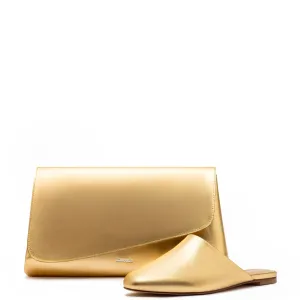 Larroude Venice Flat Mule and Pouch Kit In Gold Metallic Leather