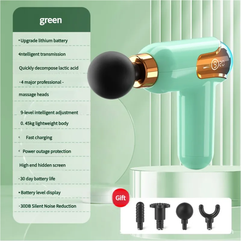 LC002 Green Portable Massage Gun - Deep Tissue Muscle Massager with 4 Heads and 9 Speed Settings