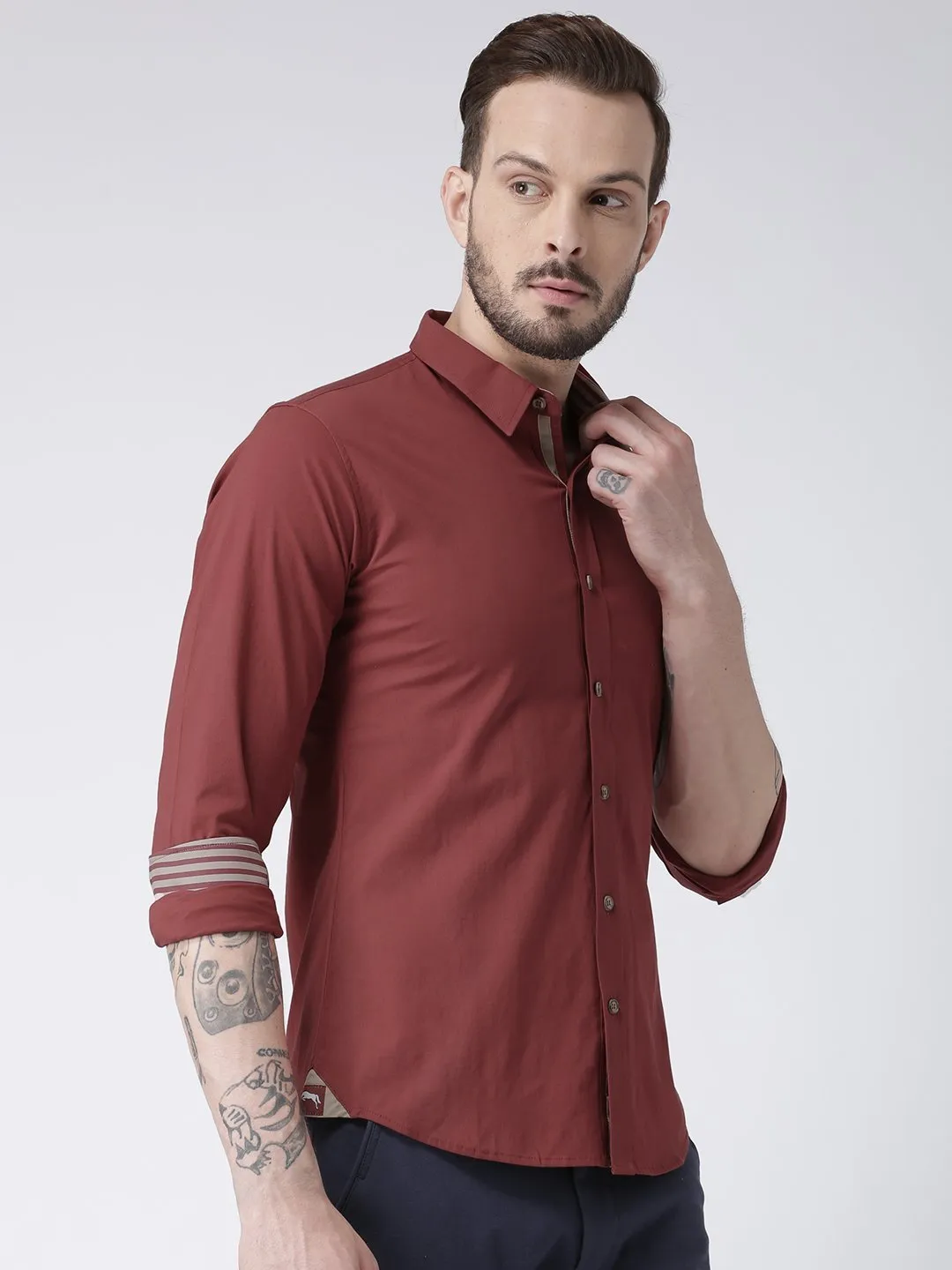 Men Red Solid Cotton Slim Fit Shirt