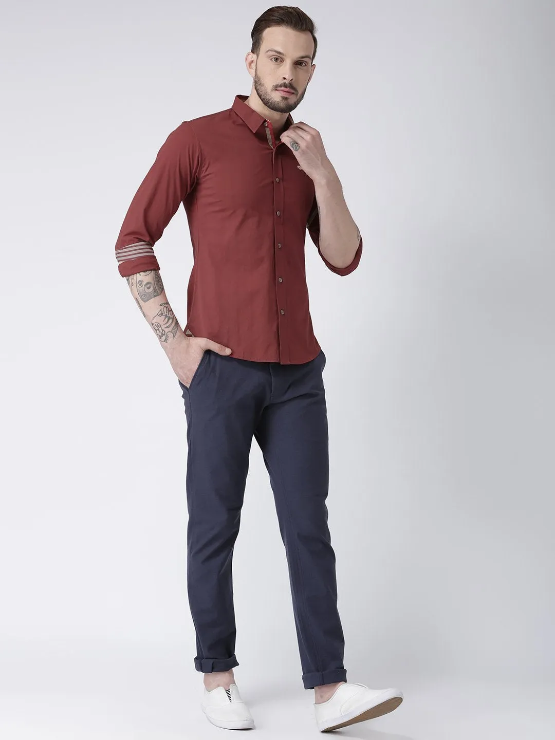 Men Red Solid Cotton Slim Fit Shirt