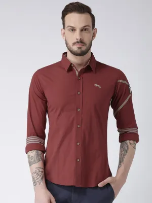 Men Red Solid Cotton Slim Fit Shirt