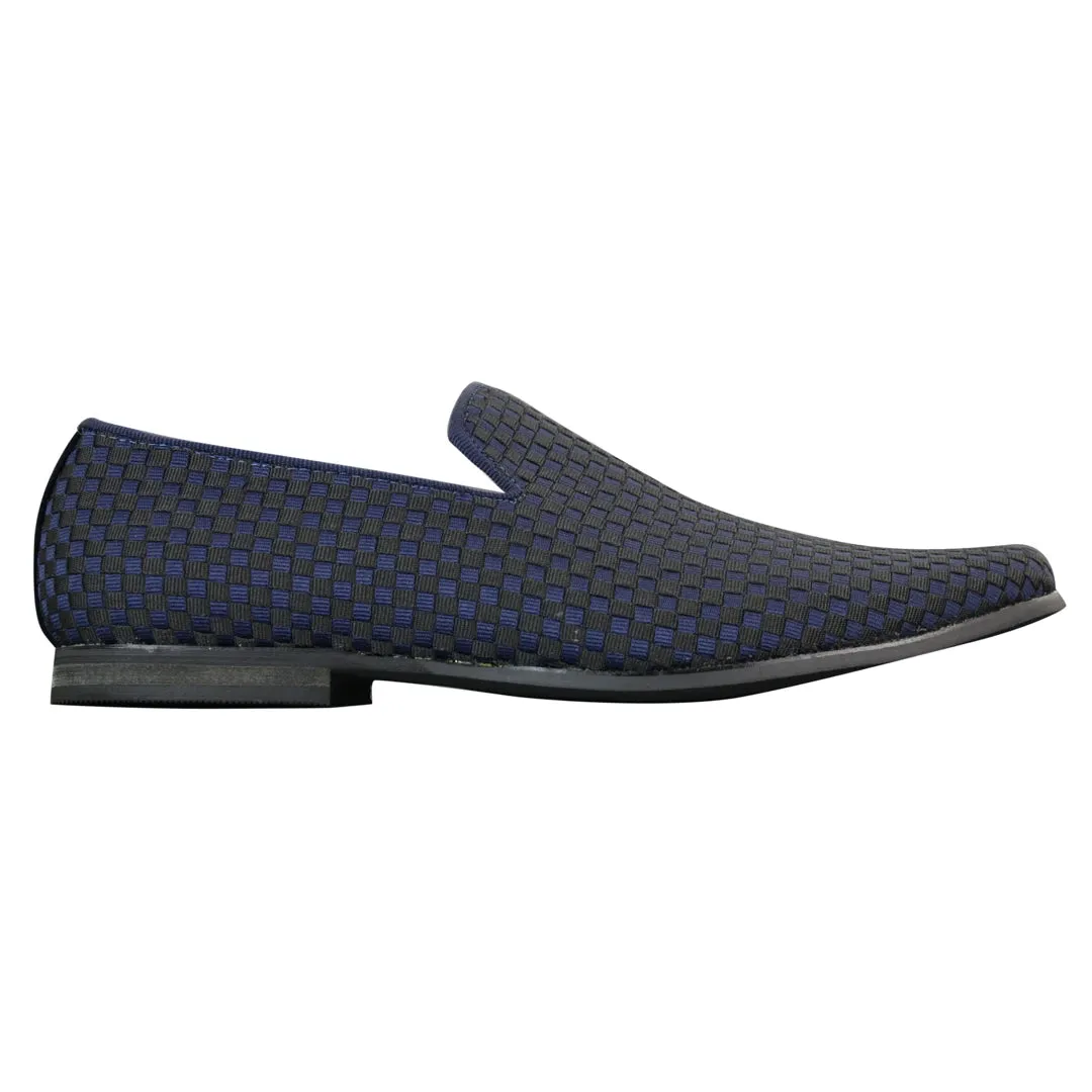 Mens Textured Slip On Black Blue Check Shoes Smart Casual Formal Italian Design