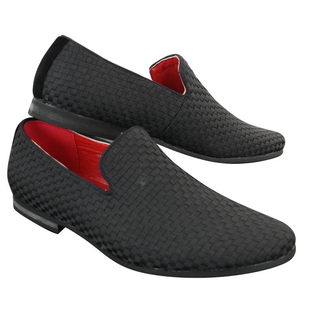 Mens Textured Slip On Black Blue Check Shoes Smart Casual Formal Italian Design