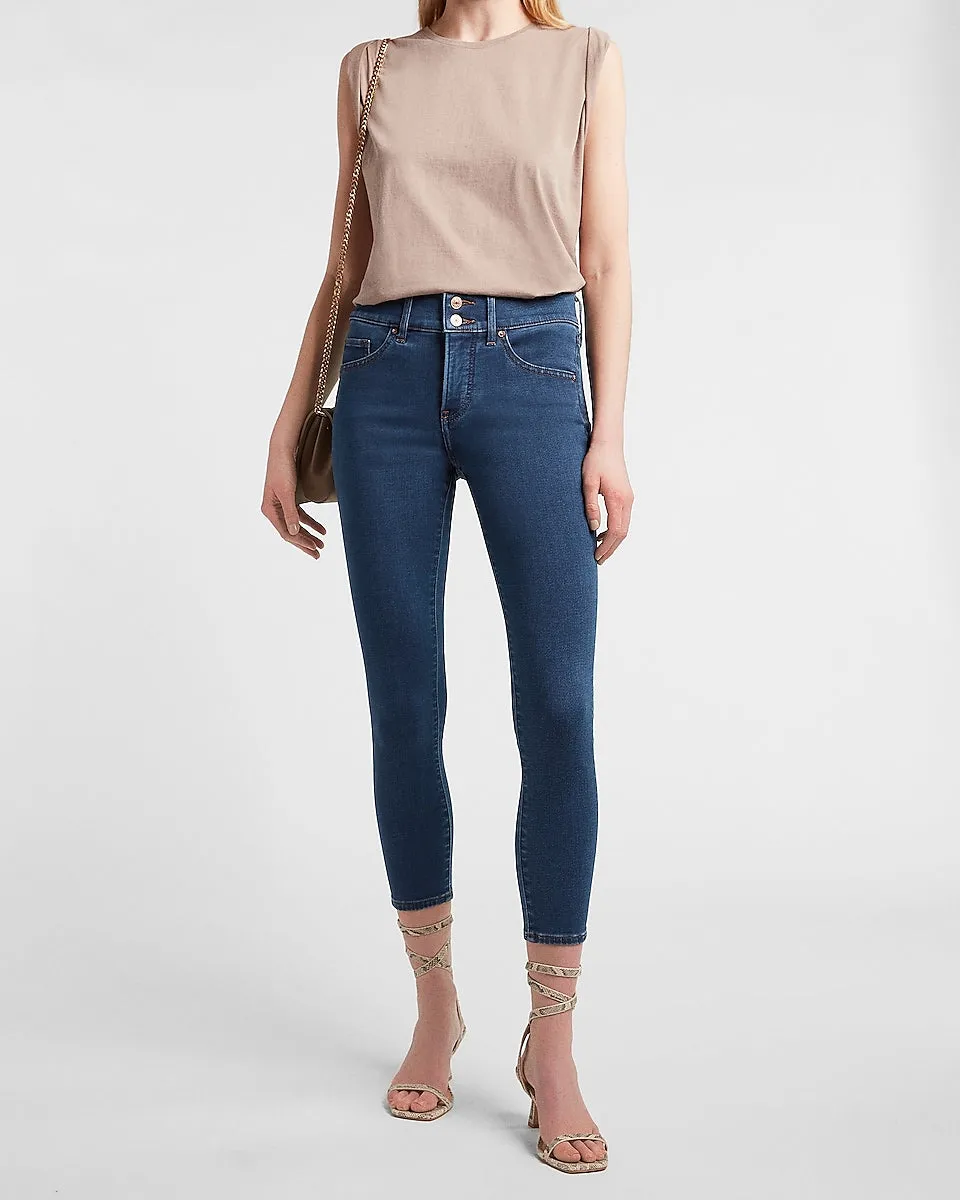 Mid Rise Knit Double Button Cropped Skinny Jeans in Medium Wash