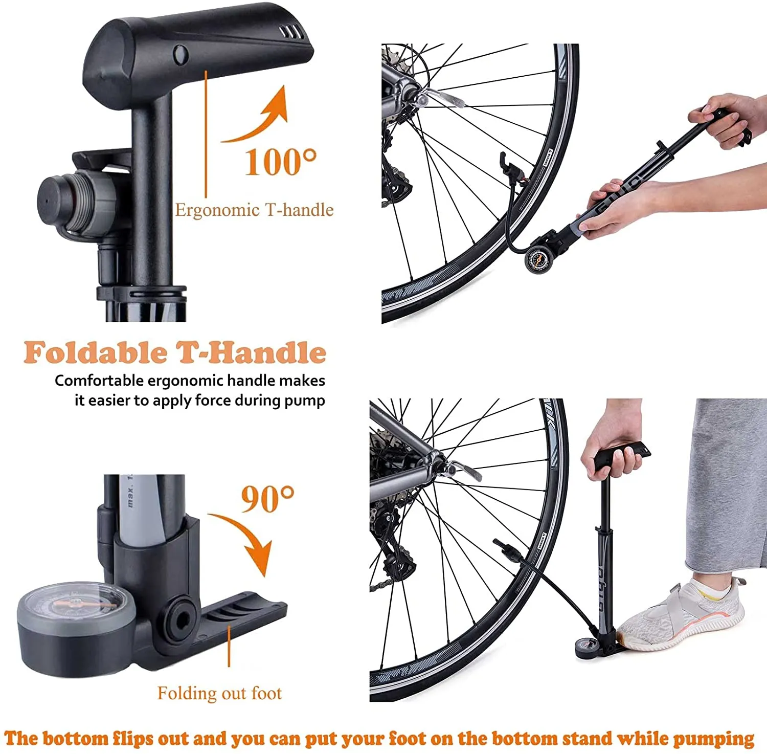 Mini Bike Pump with Gauge - Portable Bicycle Tire Pump - 120 PSI Bike Air Pump fits Presta & Schrader & Dunlop Valve - Road MTB Bike Pump Co