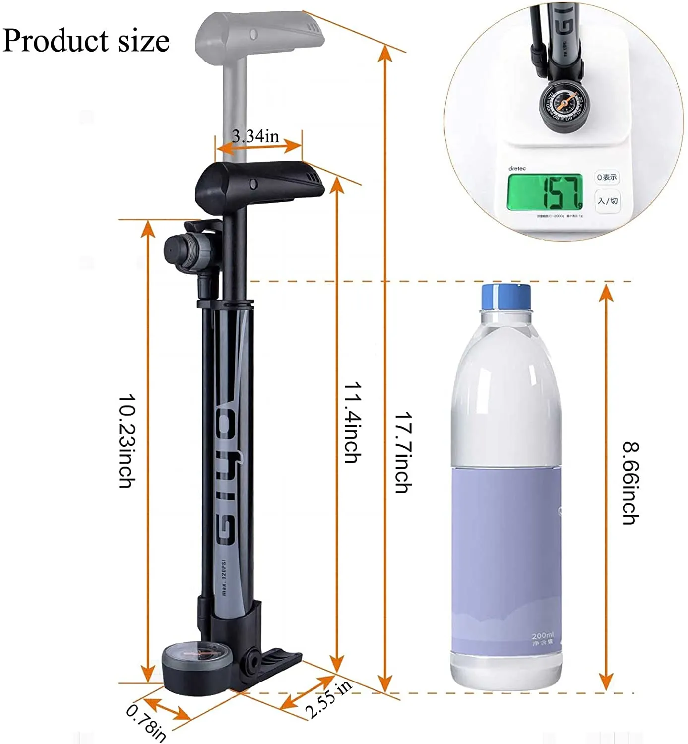 Mini Bike Pump with Gauge - Portable Bicycle Tire Pump - 120 PSI Bike Air Pump fits Presta & Schrader & Dunlop Valve - Road MTB Bike Pump Co