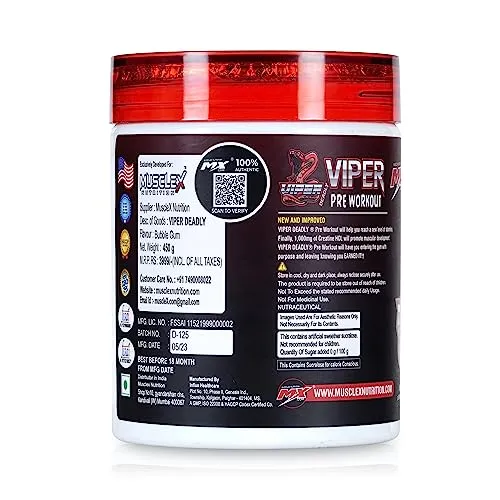 Musclex Nutrition Deadly Viper Pre-Workout Supplement, Litchi Flavour, 30 Servings, with Caffeine, Beta Alanine, L-Citrulline, Creatine HCl