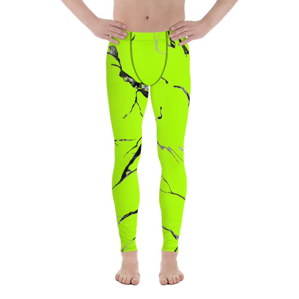 Neon Green Marble Men's Leggings, Bright Marble Print Meggings Tights-Made in USA/EU