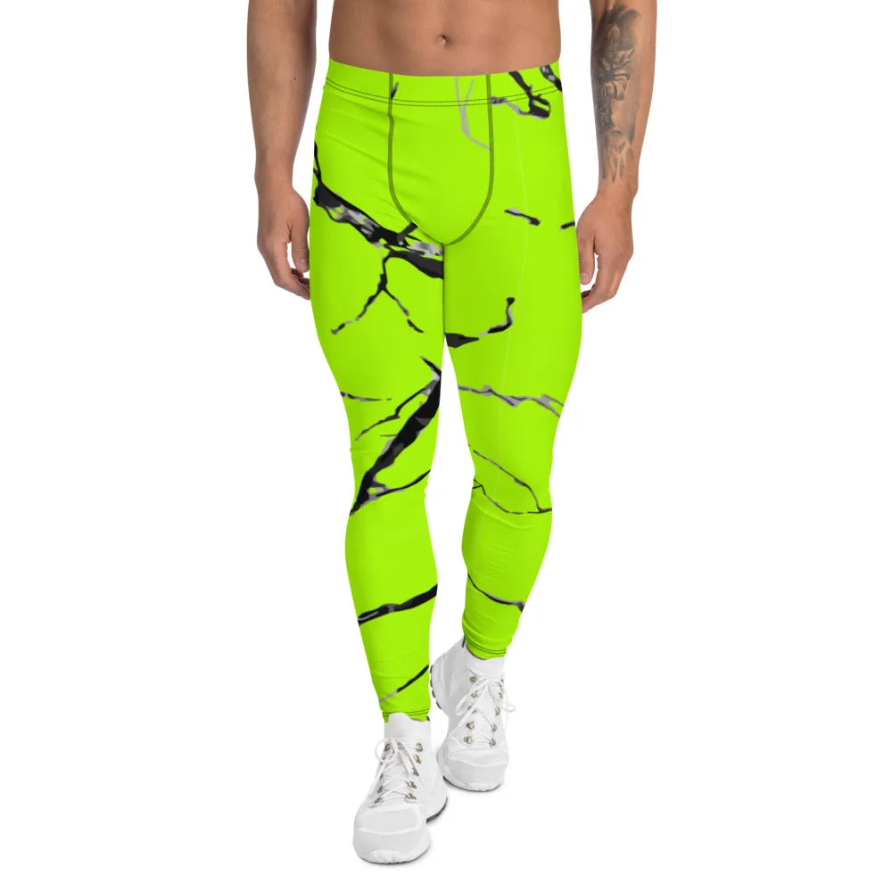 Neon Green Marble Men's Leggings, Bright Marble Print Meggings Tights-Made in USA/EU