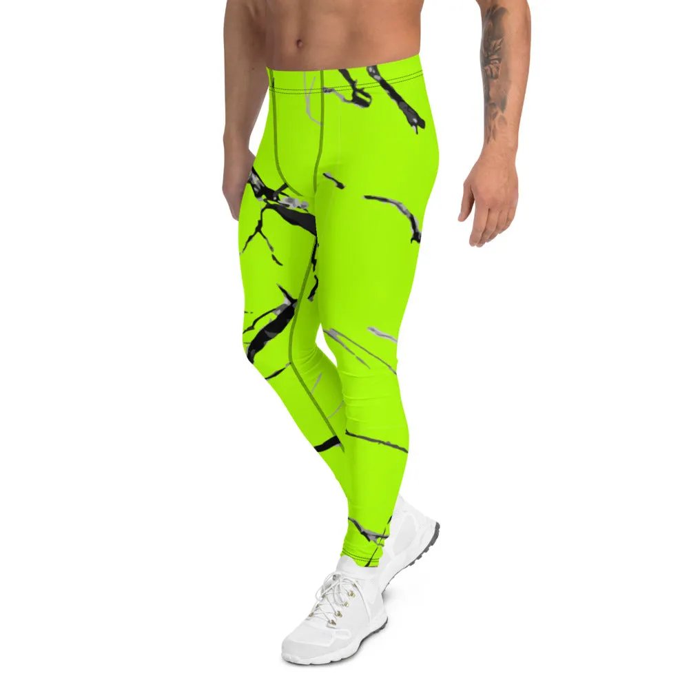 Neon Green Marble Men's Leggings, Bright Marble Print Meggings Tights-Made in USA/EU