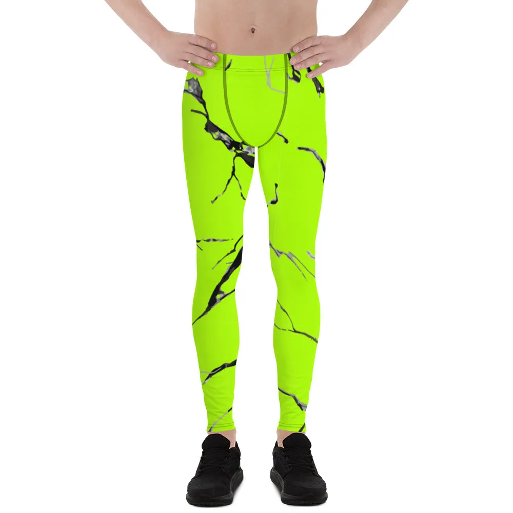 Neon Green Marble Men's Leggings, Bright Marble Print Meggings Tights-Made in USA/EU