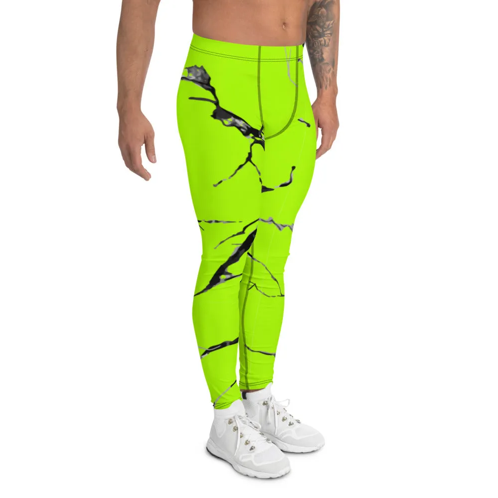 Neon Green Marble Men's Leggings, Bright Marble Print Meggings Tights-Made in USA/EU