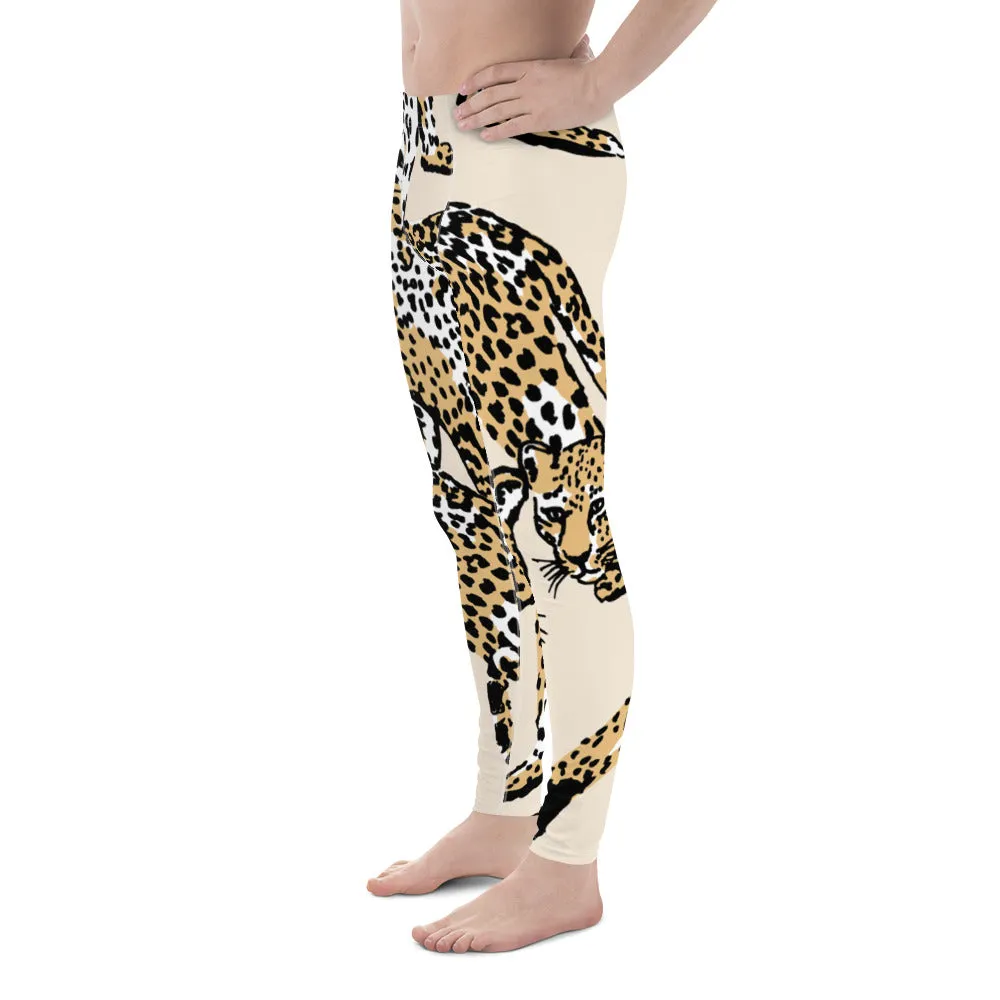 Nude Leopard Print Men's Leggings, Brown Animal Leopard Print Best Designer Meggings Tights-Made in USA/EU/MX