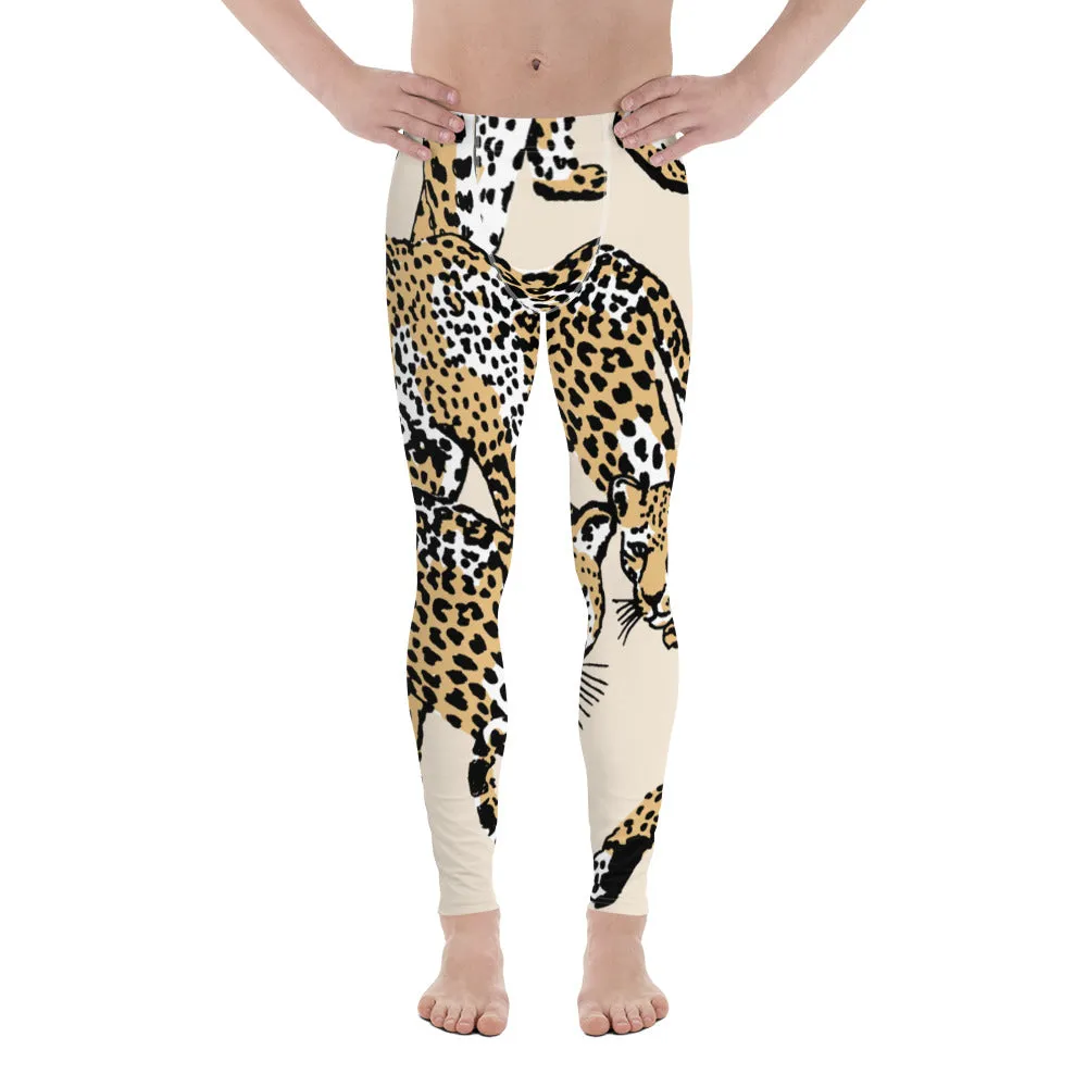 Nude Leopard Print Men's Leggings, Brown Animal Leopard Print Best Designer Meggings Tights-Made in USA/EU/MX