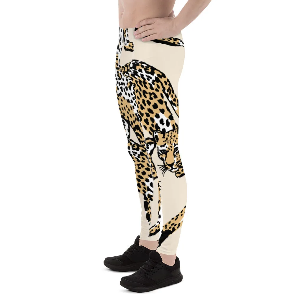 Nude Leopard Print Men's Leggings, Brown Animal Leopard Print Best Designer Meggings Tights-Made in USA/EU/MX