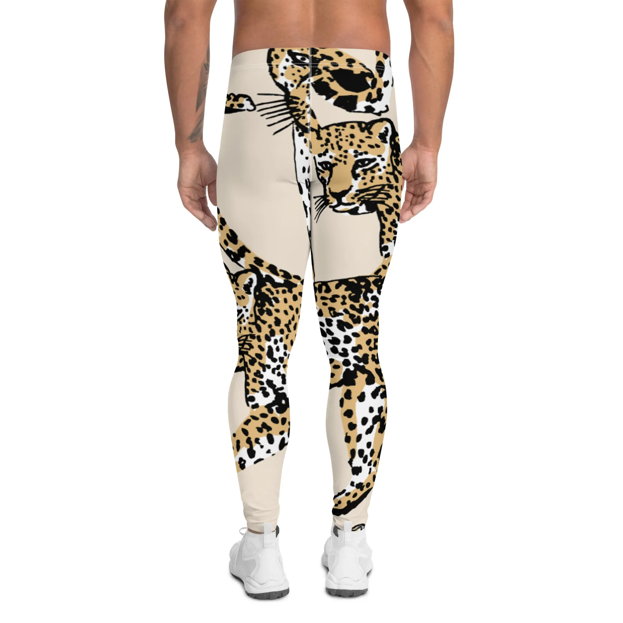 Nude Leopard Print Men's Leggings, Brown Animal Leopard Print Best Designer Meggings Tights-Made in USA/EU/MX