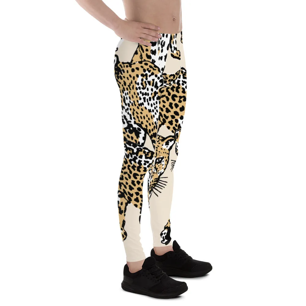 Nude Leopard Print Men's Leggings, Brown Animal Leopard Print Best Designer Meggings Tights-Made in USA/EU/MX