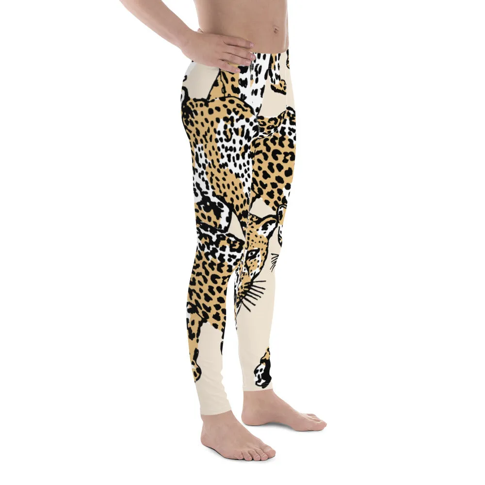 Nude Leopard Print Men's Leggings, Brown Animal Leopard Print Best Designer Meggings Tights-Made in USA/EU/MX