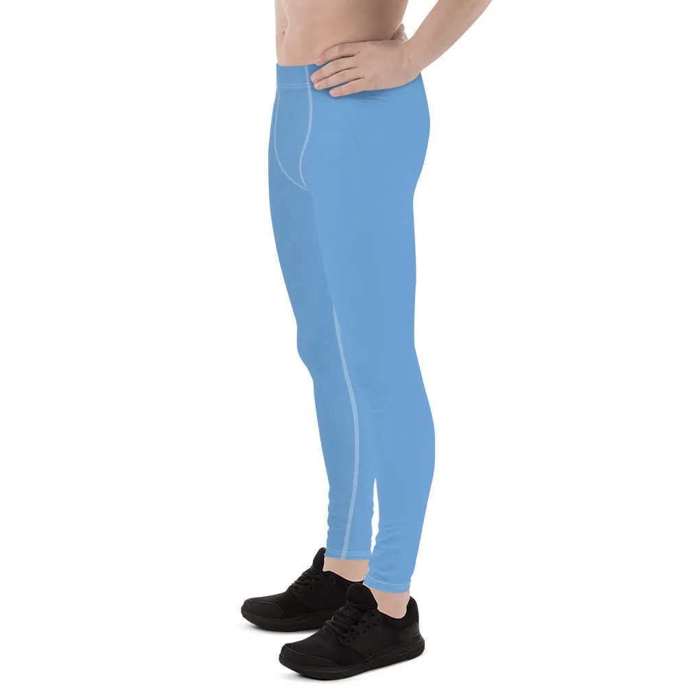 Pastel Blue Solid Color Meggings, Modern Solid Blue Color Designer Spandex Men's Tights/Leggings- Made in USA/ MX/ EU