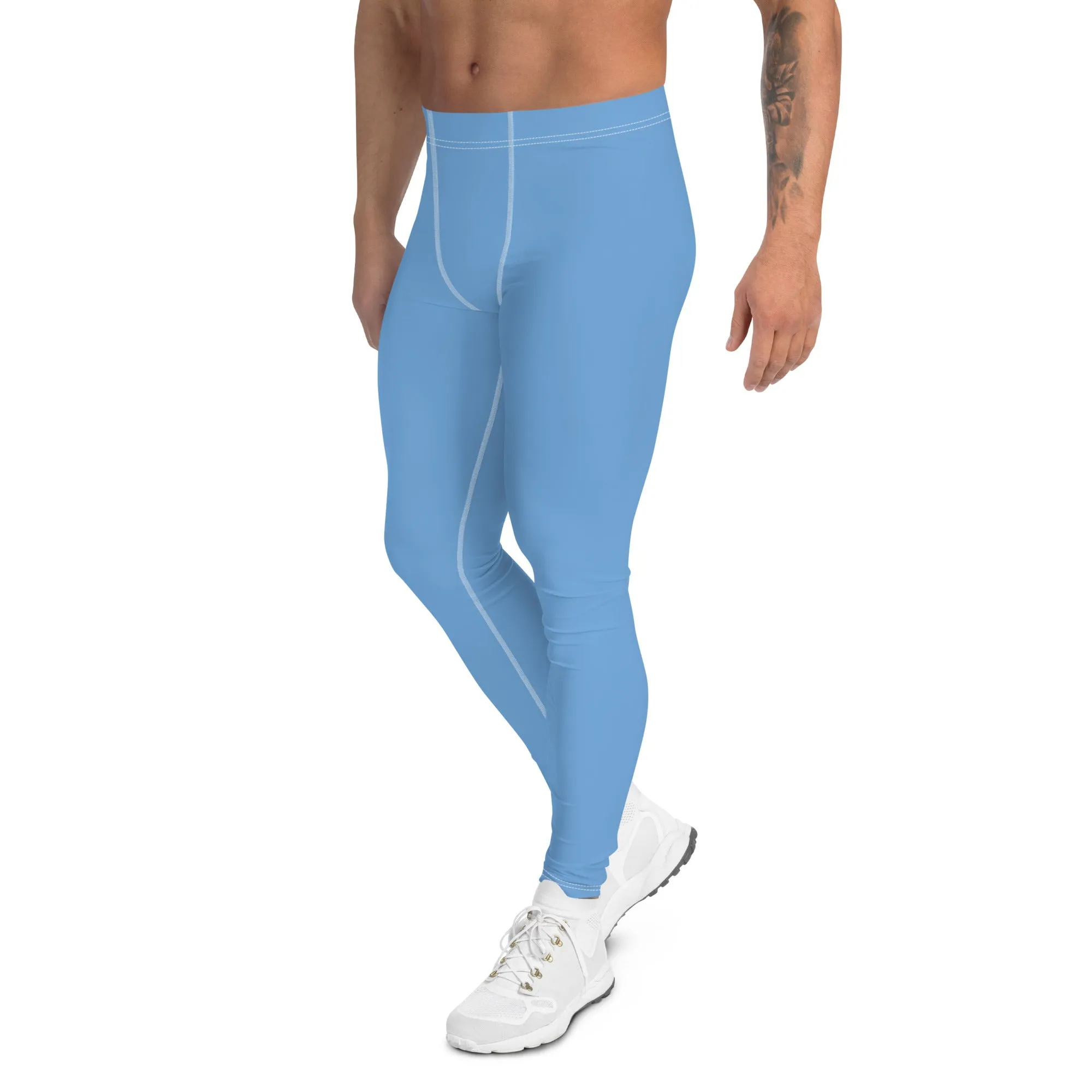 Pastel Blue Solid Color Meggings, Modern Solid Blue Color Designer Spandex Men's Tights/Leggings- Made in USA/ MX/ EU