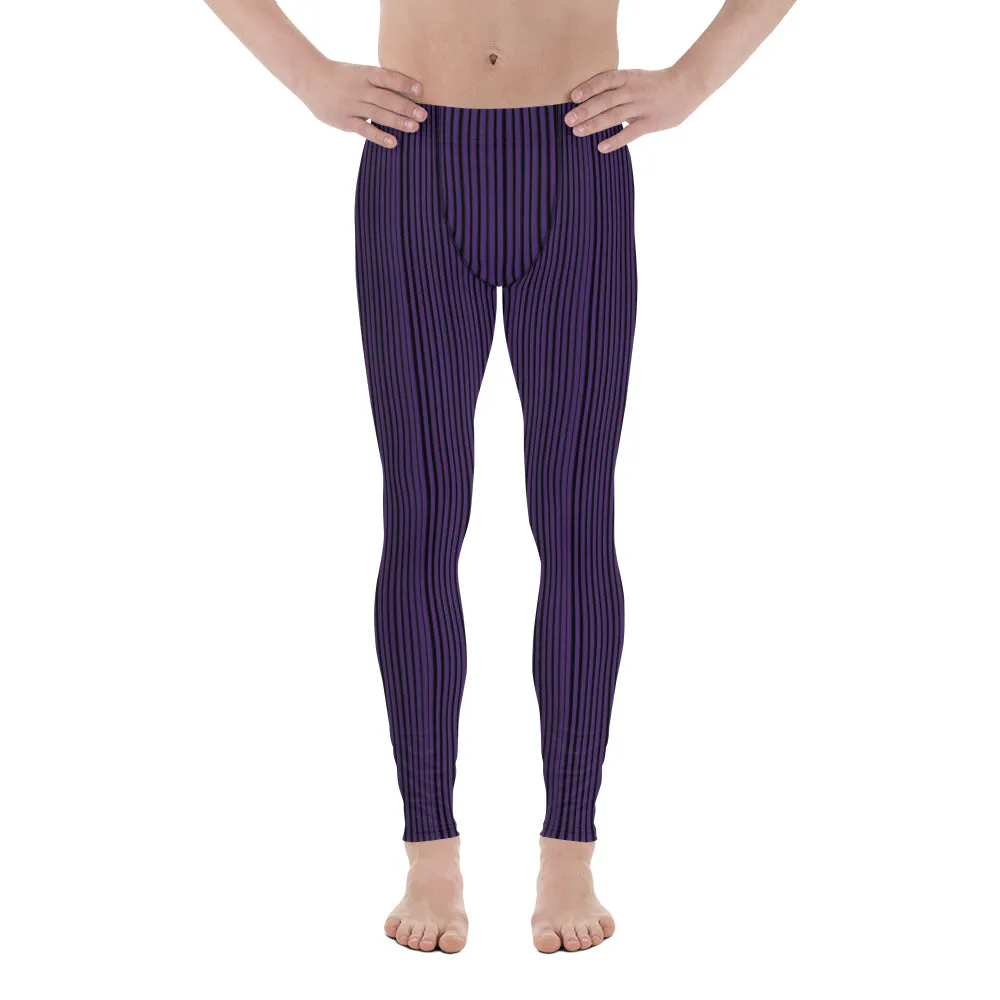 Pink Black Striped Men's Leggings, Vertical Stripes Meggings Run Tights-Made in USA/EU/MX